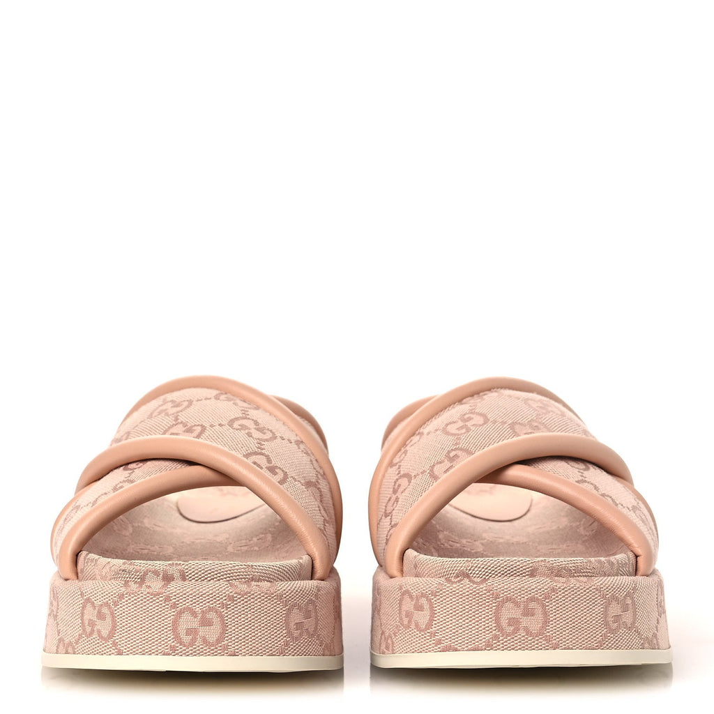 Gucci Monogram GG Calfskin Angelina Platform 55mm Slide Sandals 36.5 Light Pink