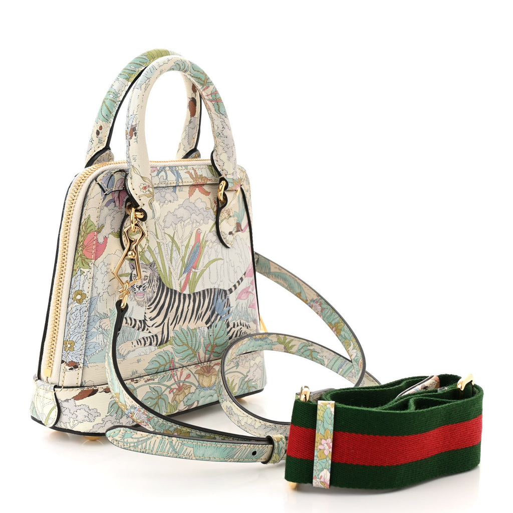 Gucci New Shangai Calfskin Tiger Savanah Web Mini Horsebit 1955 Top Handle Bag Chalky White Multicolor