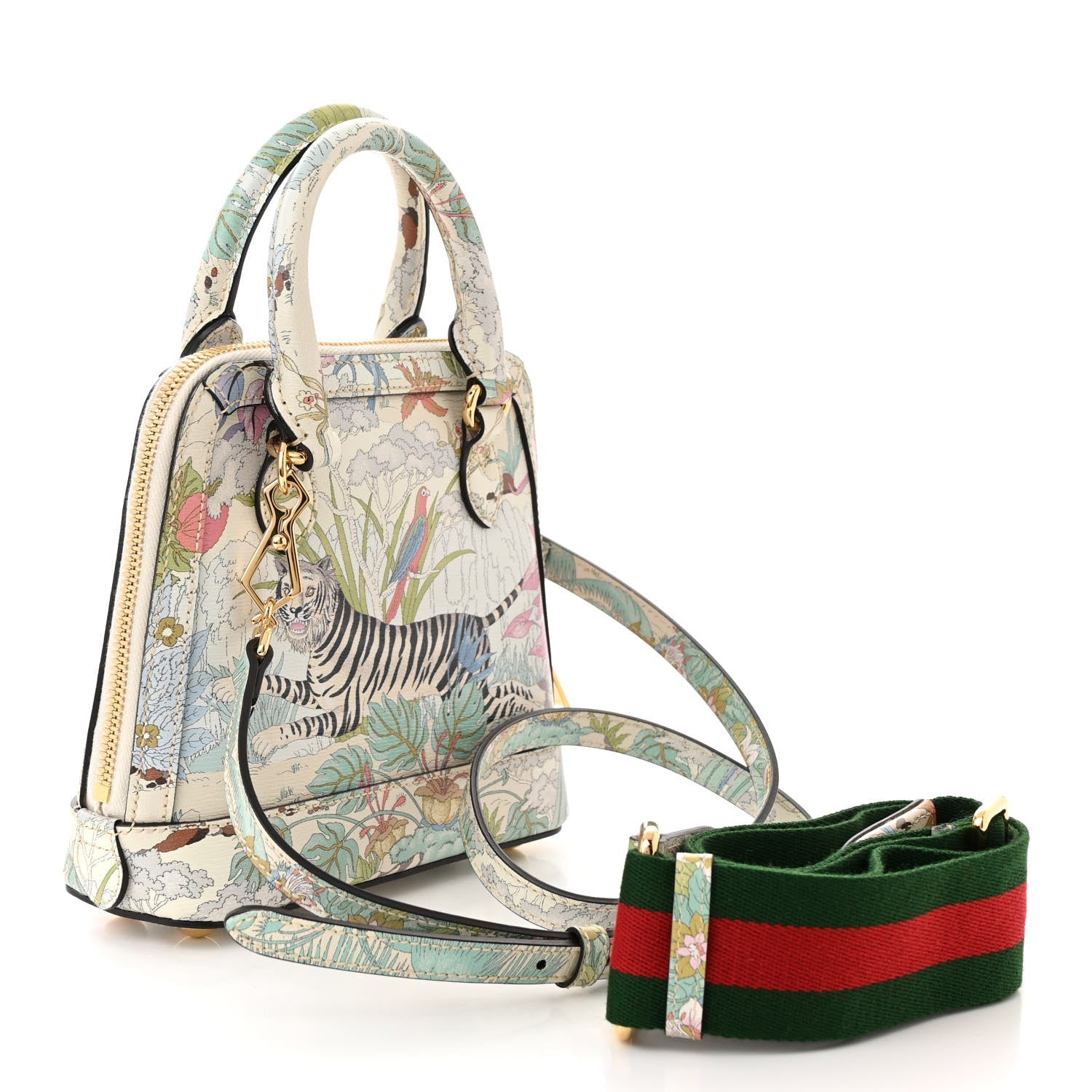 Gucci New Shangai Calfskin Tiger Savanah Web Mini Horsebit 1955 Top Handle Bag Chalky White Multicolor