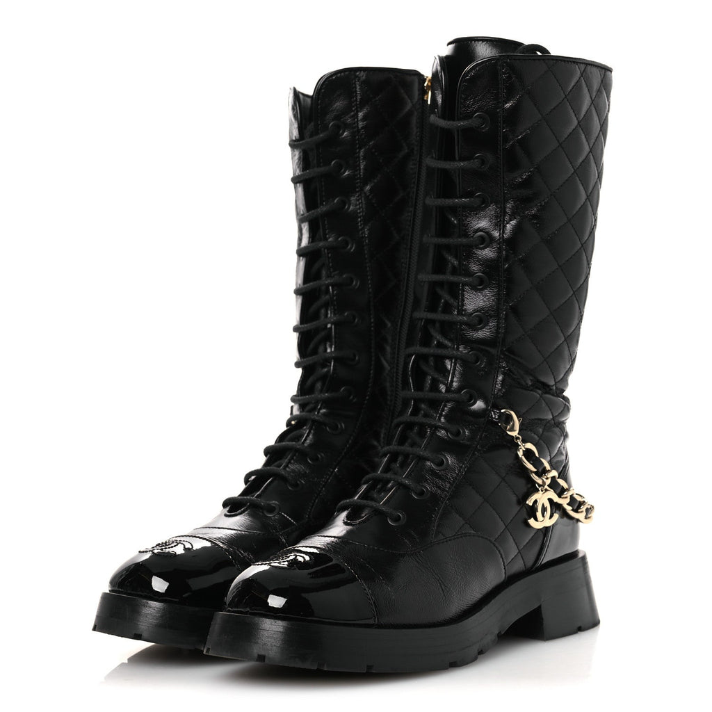 Chanel Shiny Calfskin Patent Quilted Chain Lace Up Combat Long Boots 37 Black