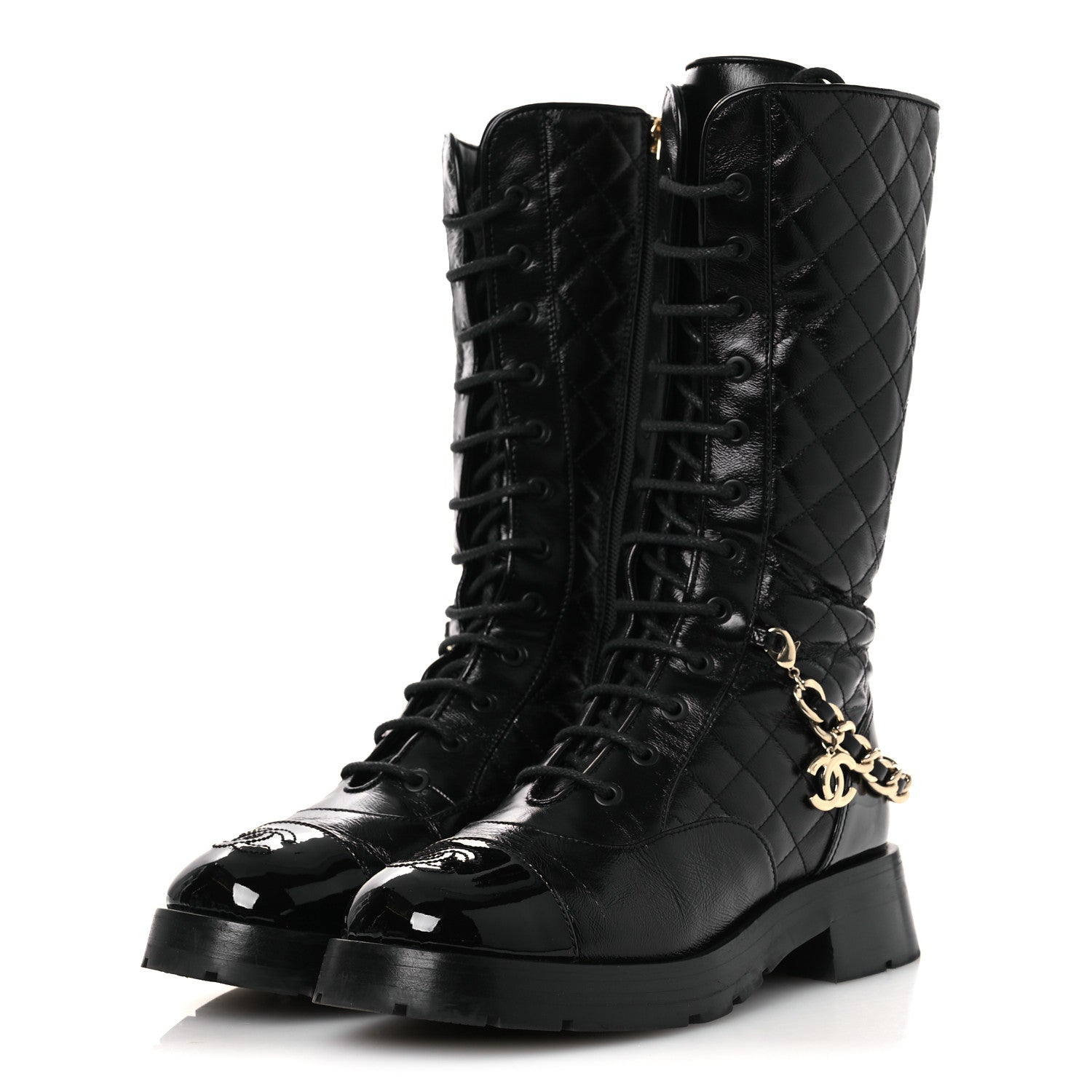 Chanel Shiny Calfskin Patent Quilted Chain Lace Up Combat Long Boots 37 Black