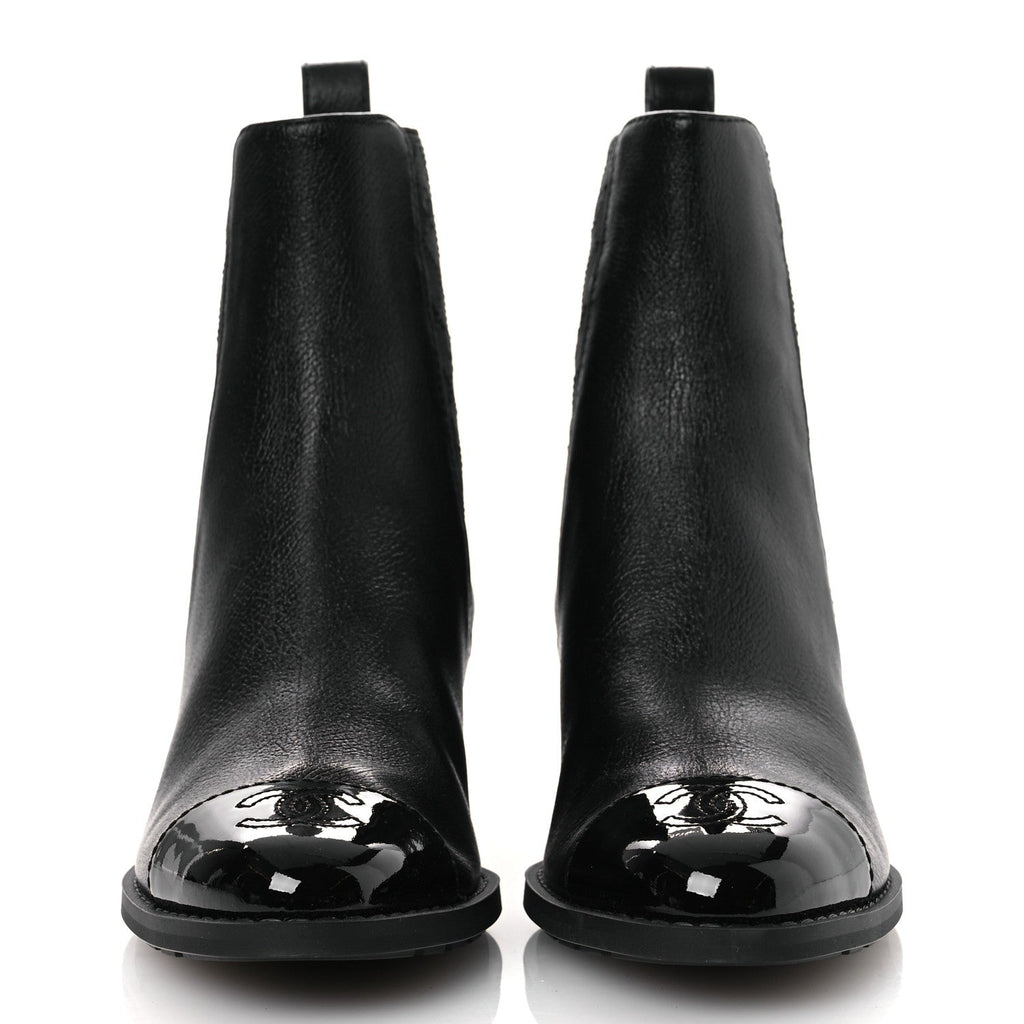 Chanel Shiny Grained Calfskin Patent Cap Toe Interlocking CC Short Boots 37.5 Black