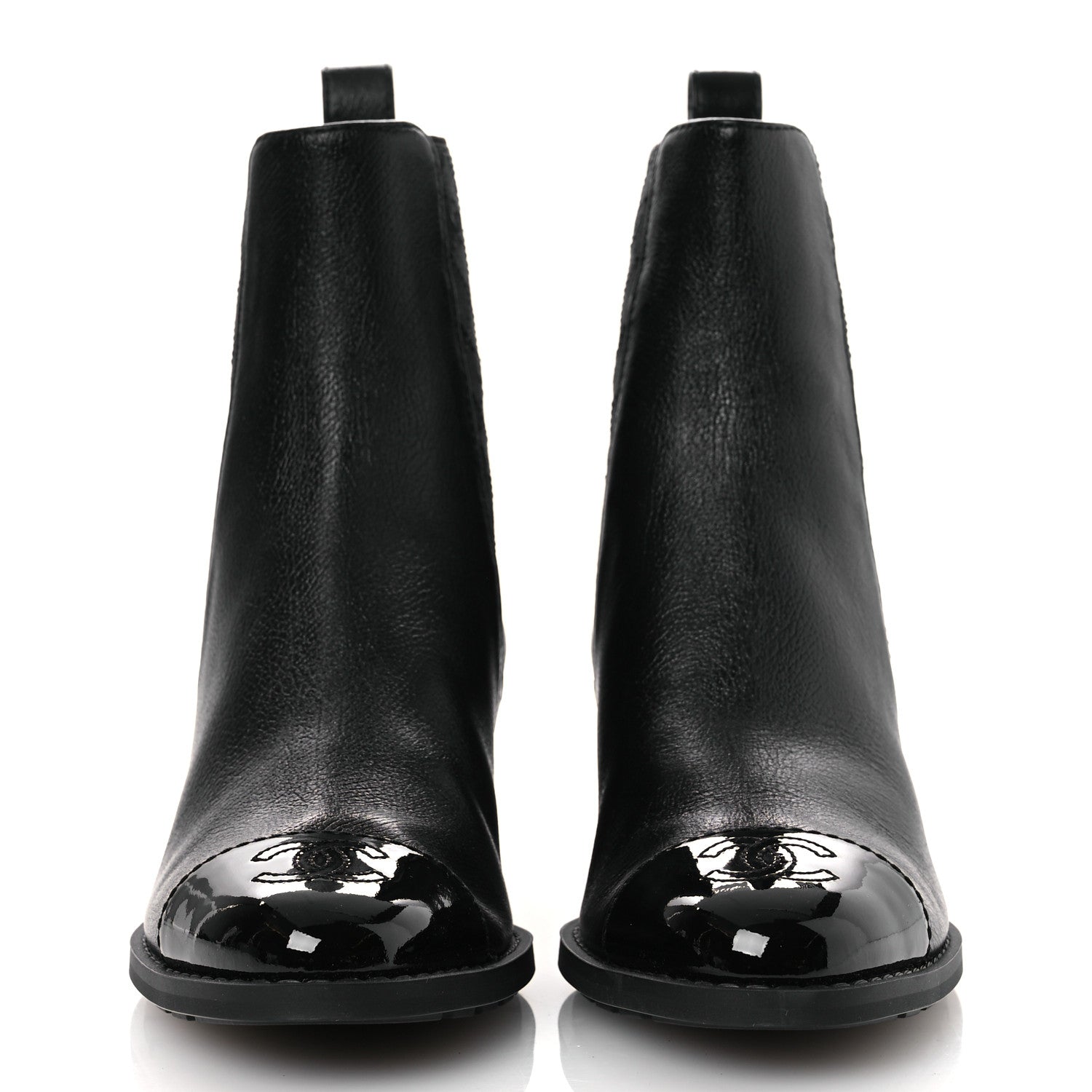 Chanel Shiny Grained Calfskin Patent Cap Toe Interlocking CC Short Boots 37.5 Black