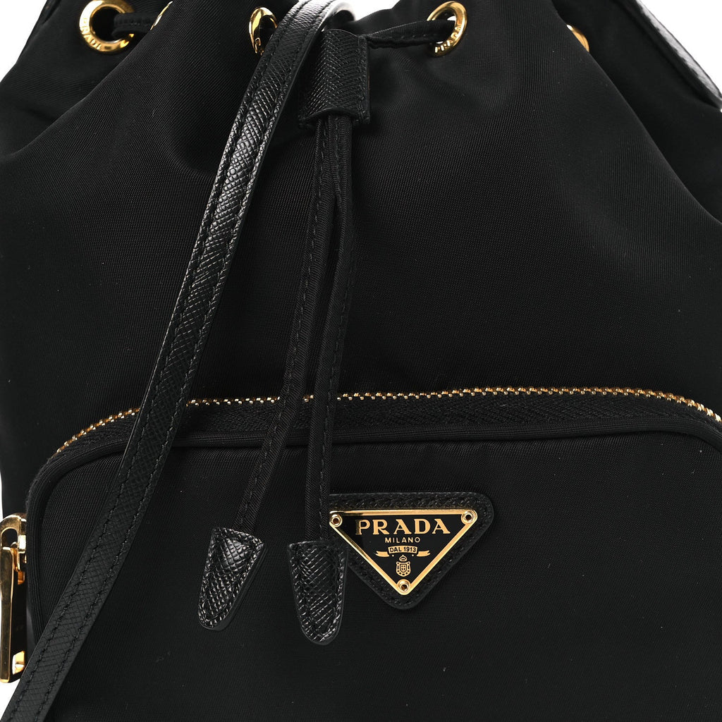 Prada Nylon Vela Saffiano Mini Bucket Crossbody Bag Black