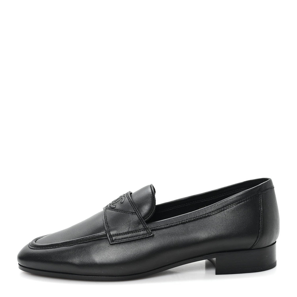 Calfskin Womens Stitched CC Loafers 38 Black