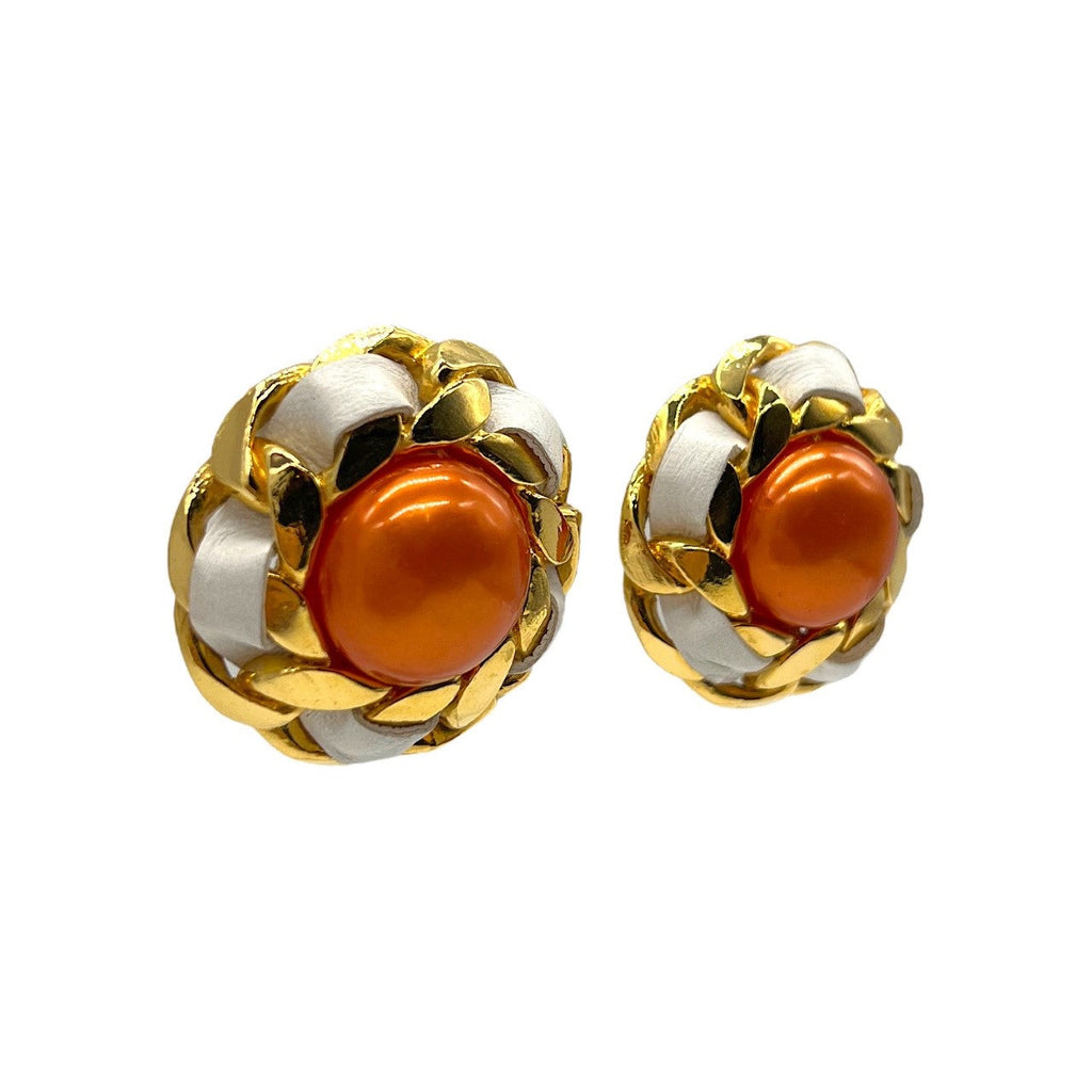 Vintage Chanel Red Orange Synthetic Pearl Leather & Chain Earrings