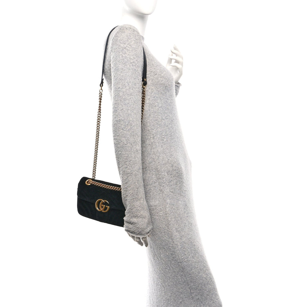 Gucci Velvet Matelasse Mini GG Marmont Shoulder Bag  Black