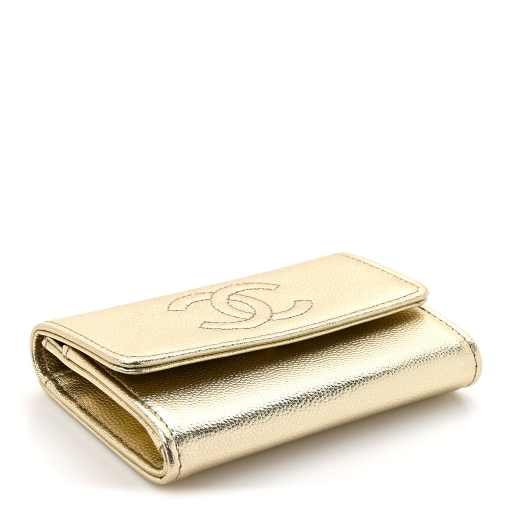 Metallic Caviar Quilted CC Flap Card Holder Gold