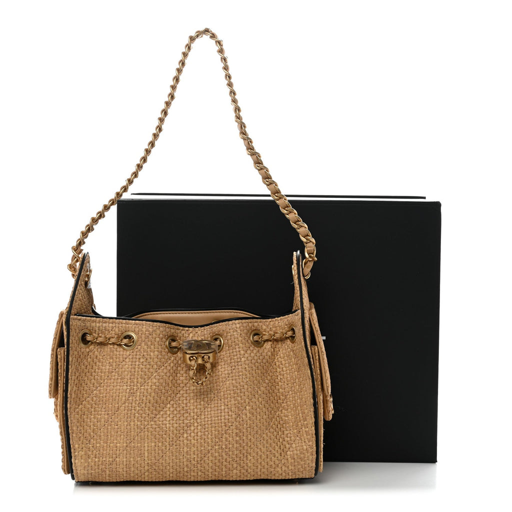 Chanel Braided Raffia Calfskin Quilted Mini Chanel 25 Handbag Beige Black
