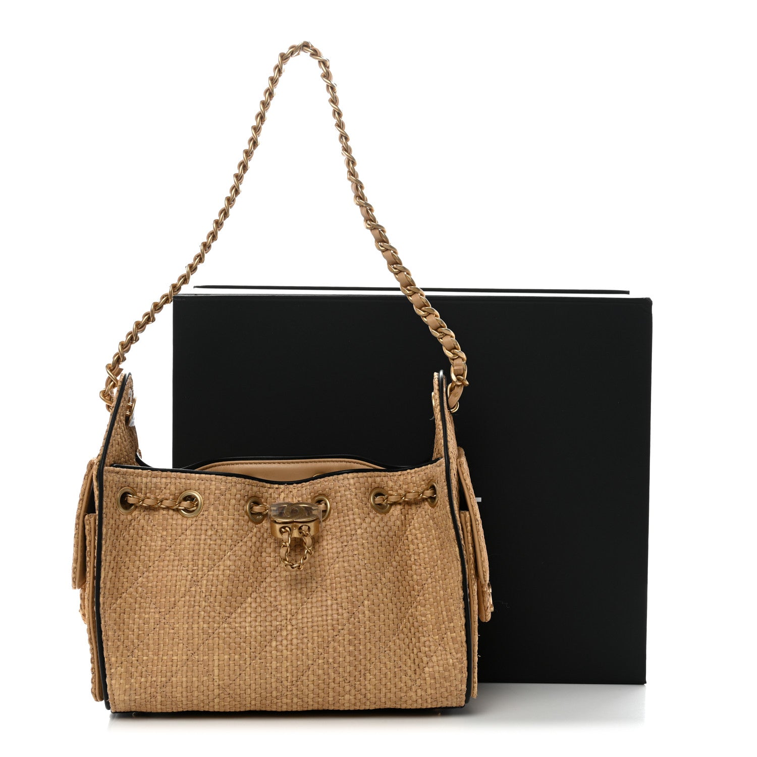 Chanel Braided Raffia Calfskin Quilted Mini Chanel 25 Handbag Beige Black