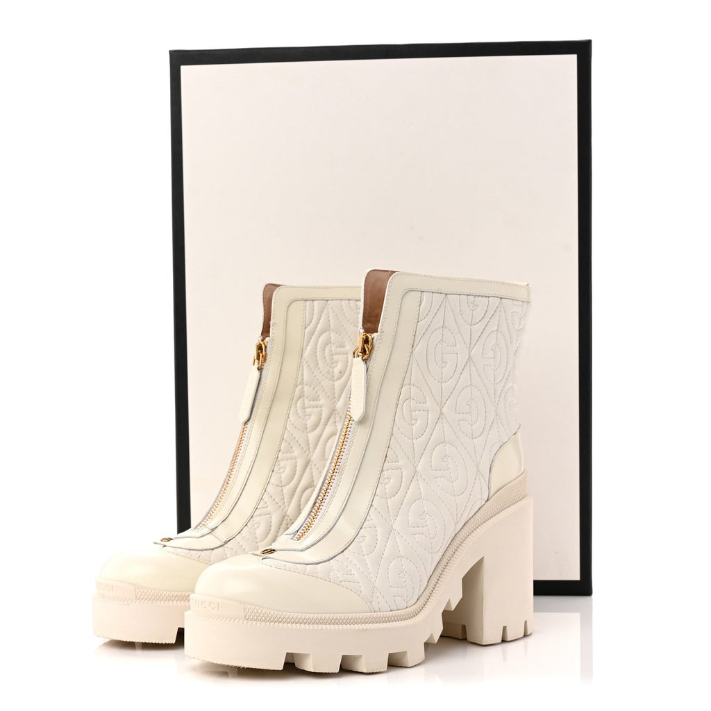 Gucci Calfskin Nappa Rhombus Quilted Trip Ankle Boots 39.5 Great White