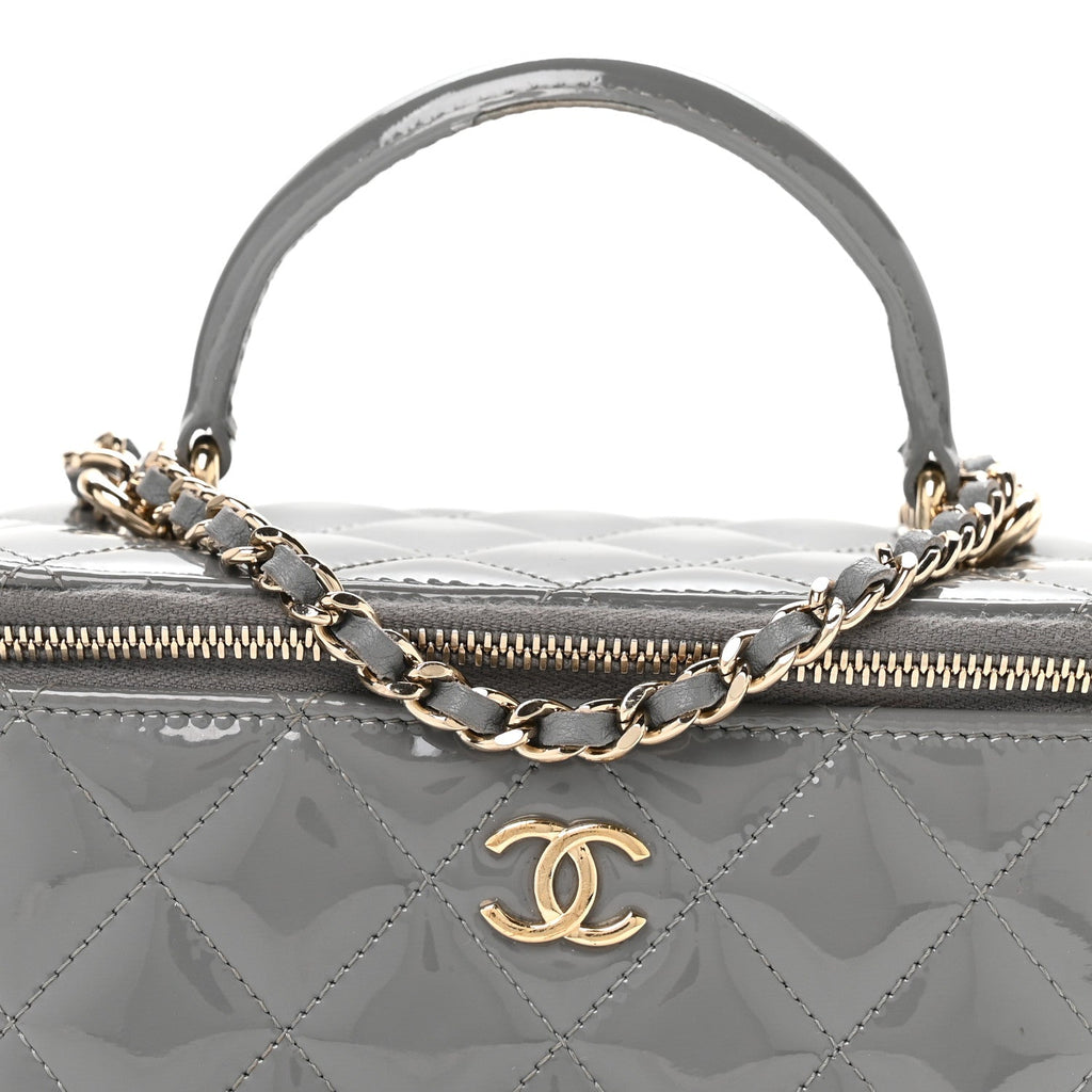 Chanel Patent Quilted Quilted Small Top Handle Vanity Case With Chain Grey