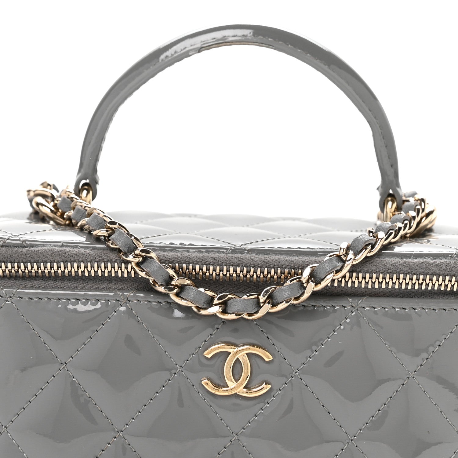 Chanel Patent Quilted Quilted Small Top Handle Vanity Case With Chain Grey