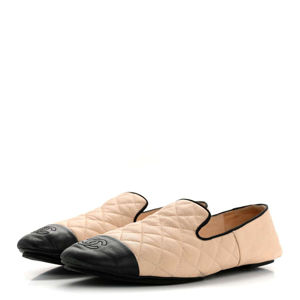 Lambskin Quilted Cap Toe Slipper With Pouch 39 Beige Black