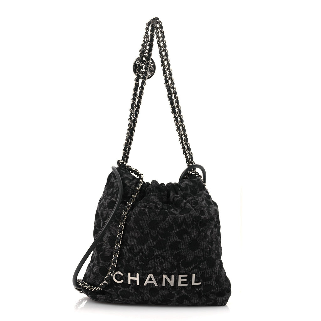 Chanel Denim Quilted Floral Print Mini Chanel 22 Black Grey