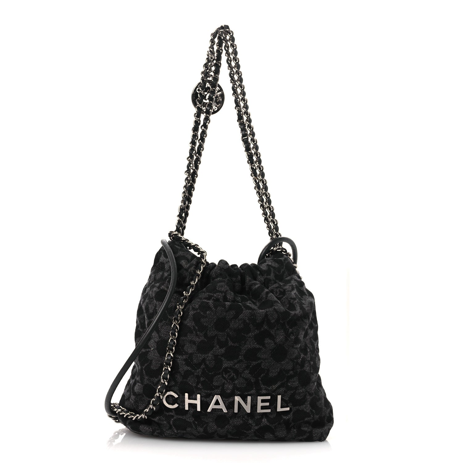 Chanel Denim Quilted Floral Print Mini Chanel 22 Black Grey