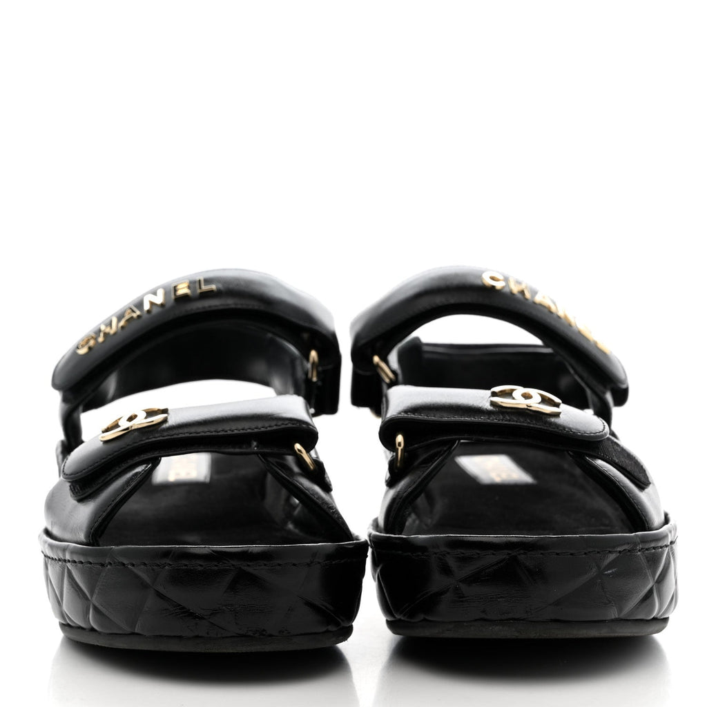 Chanel Shiny Calfskin Logo Platform Sandals 39 Black
