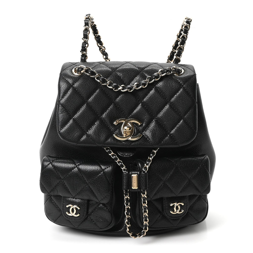 Chanel Shiny Caviar Quilted Medium Duma Pockets Drawstring Backpack Black