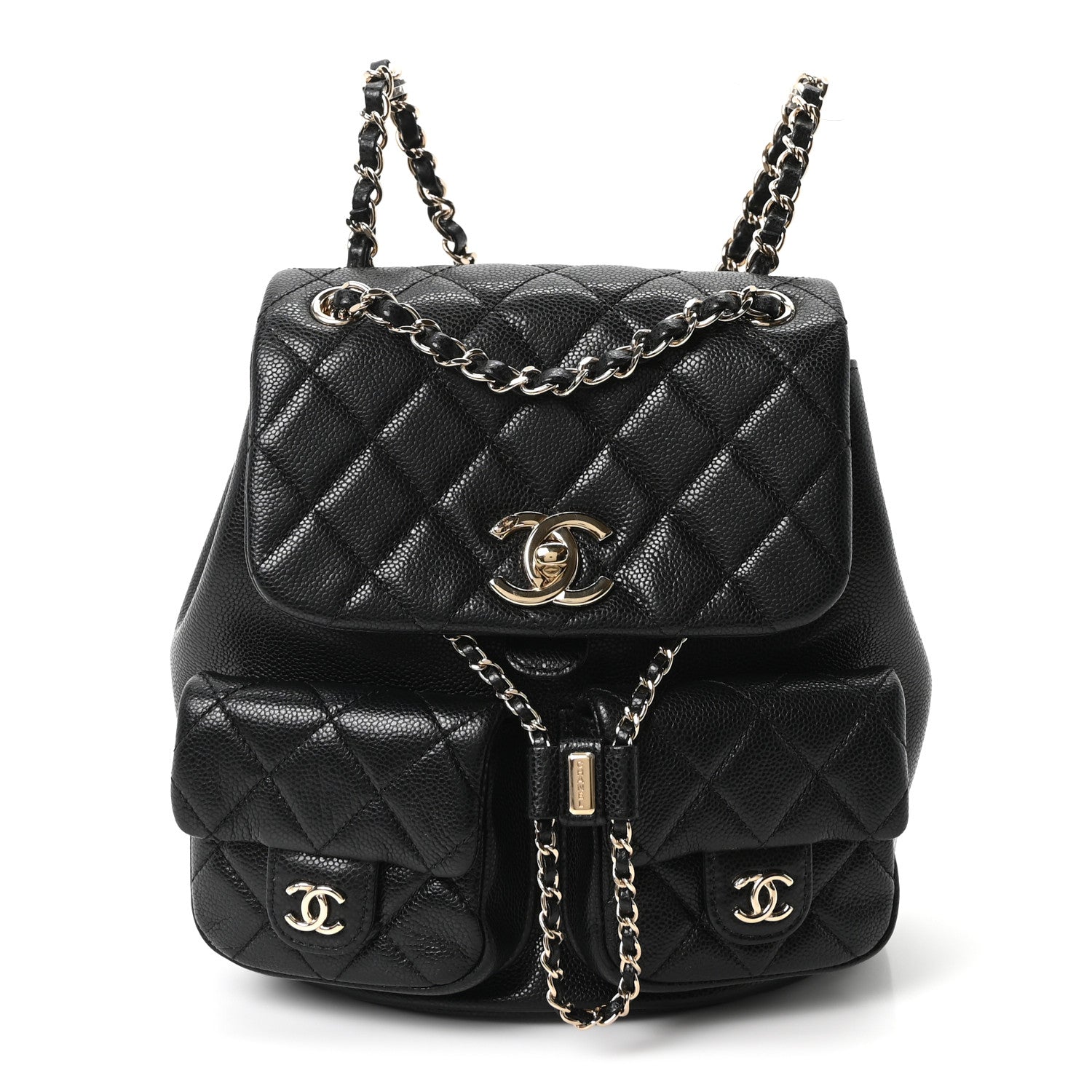 Chanel Shiny Caviar Quilted Medium Duma Pockets Drawstring Backpack Black