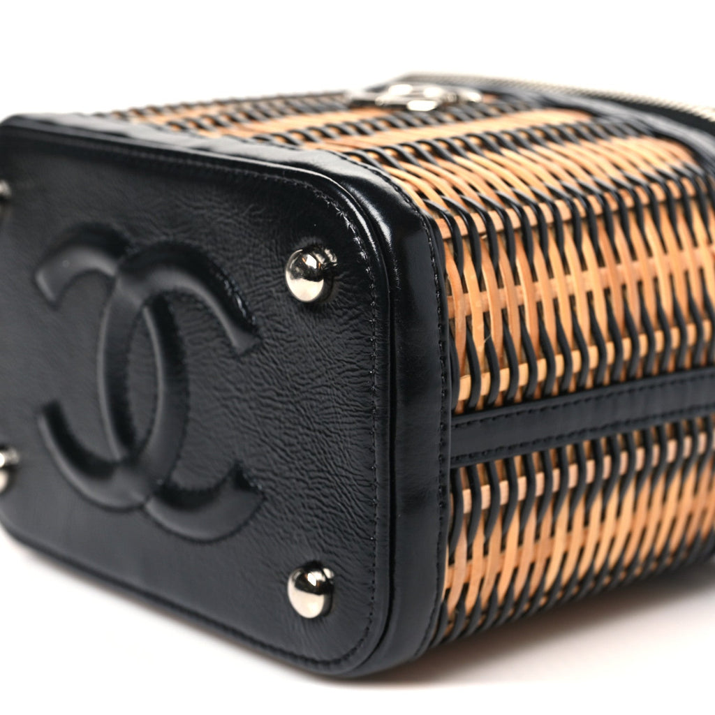 Chanel Calfskin Raffia Small Vanity Case Bag Black Beige