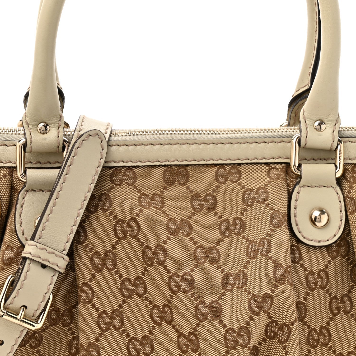 Gucci Monogram Margaux Calfskin Medium Sukey Top Handle Bag Beige Ebony Mystic White