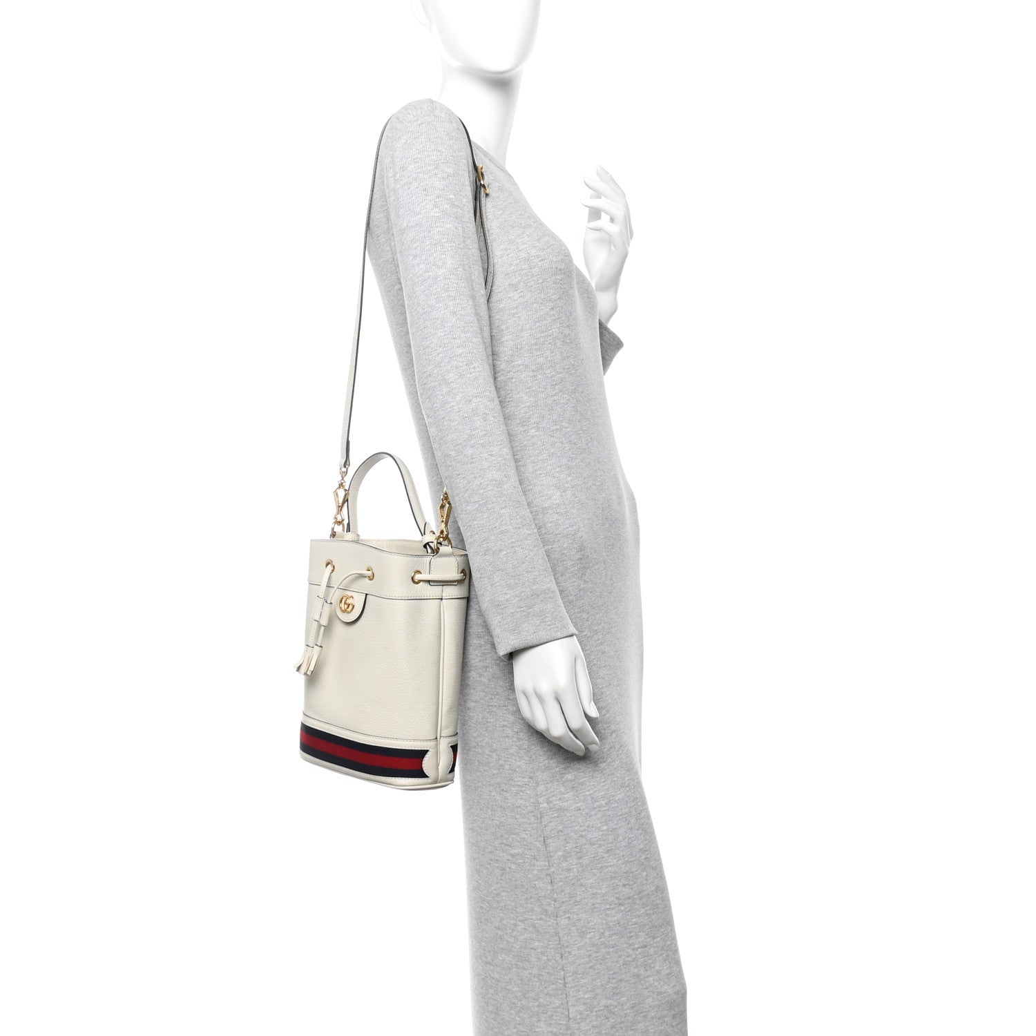 Gucci Glazed Textured Calfskin Web Small Ophidia Bucket Bag Mystic White