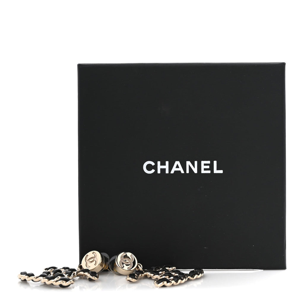 Lambskin Chain CC Drop Earrings Black Gold