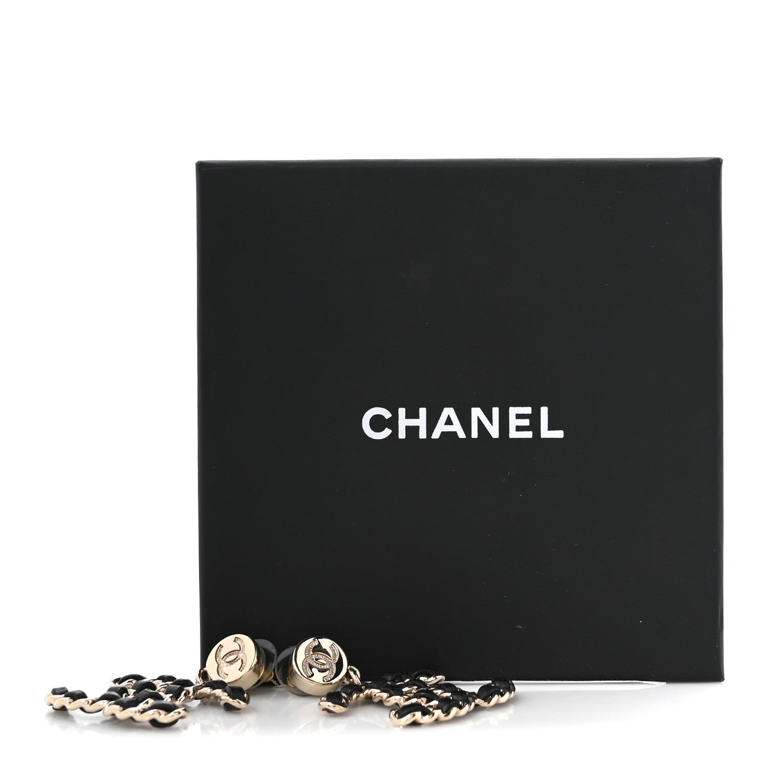 Lambskin Chain CC Drop Earrings Black Gold