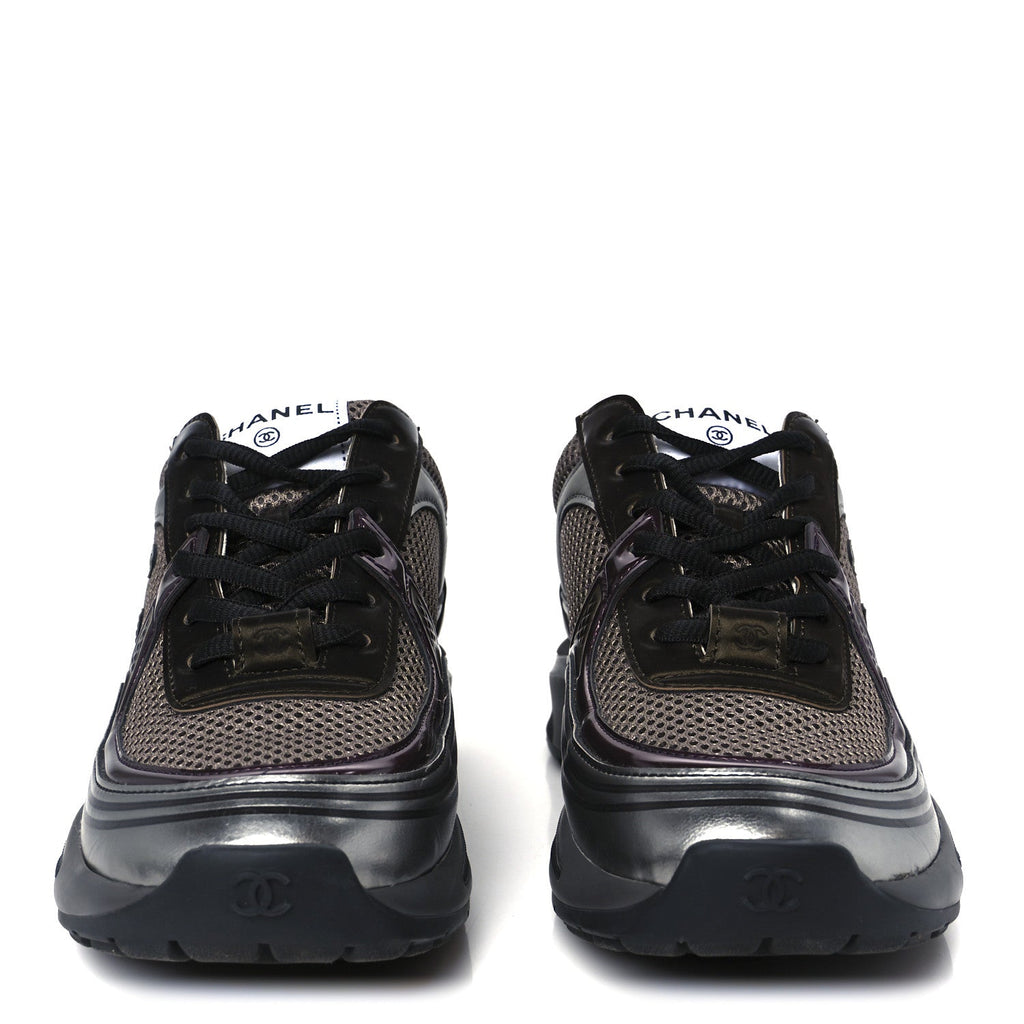 Fabric Laminated Calfskin Stretch CC Womens Sneakers 37 Khaki Silver Dark Purple