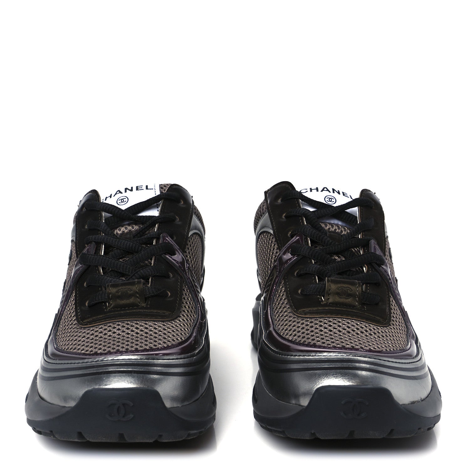 Fabric Laminated Calfskin Stretch CC Womens Sneakers 37 Khaki Silver Dark Purple