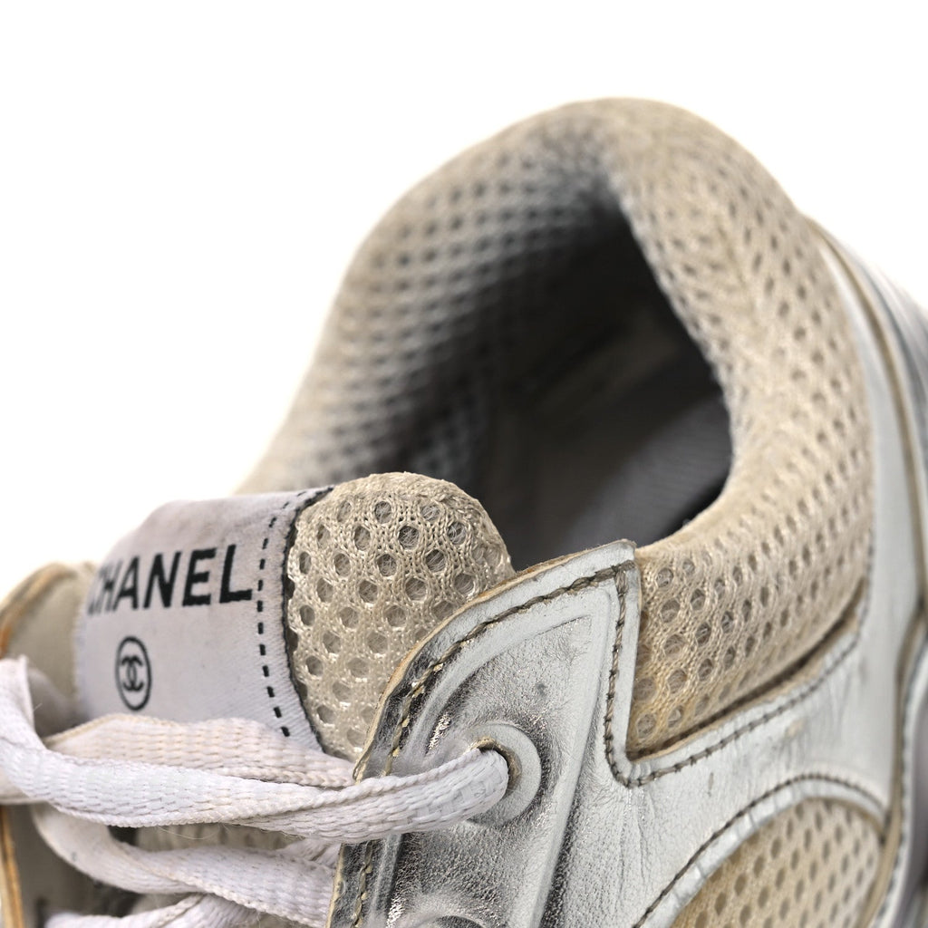 Fabric Laminated Calfskin Stretch CC Womens Sneakers 38.5 White Gold Silver