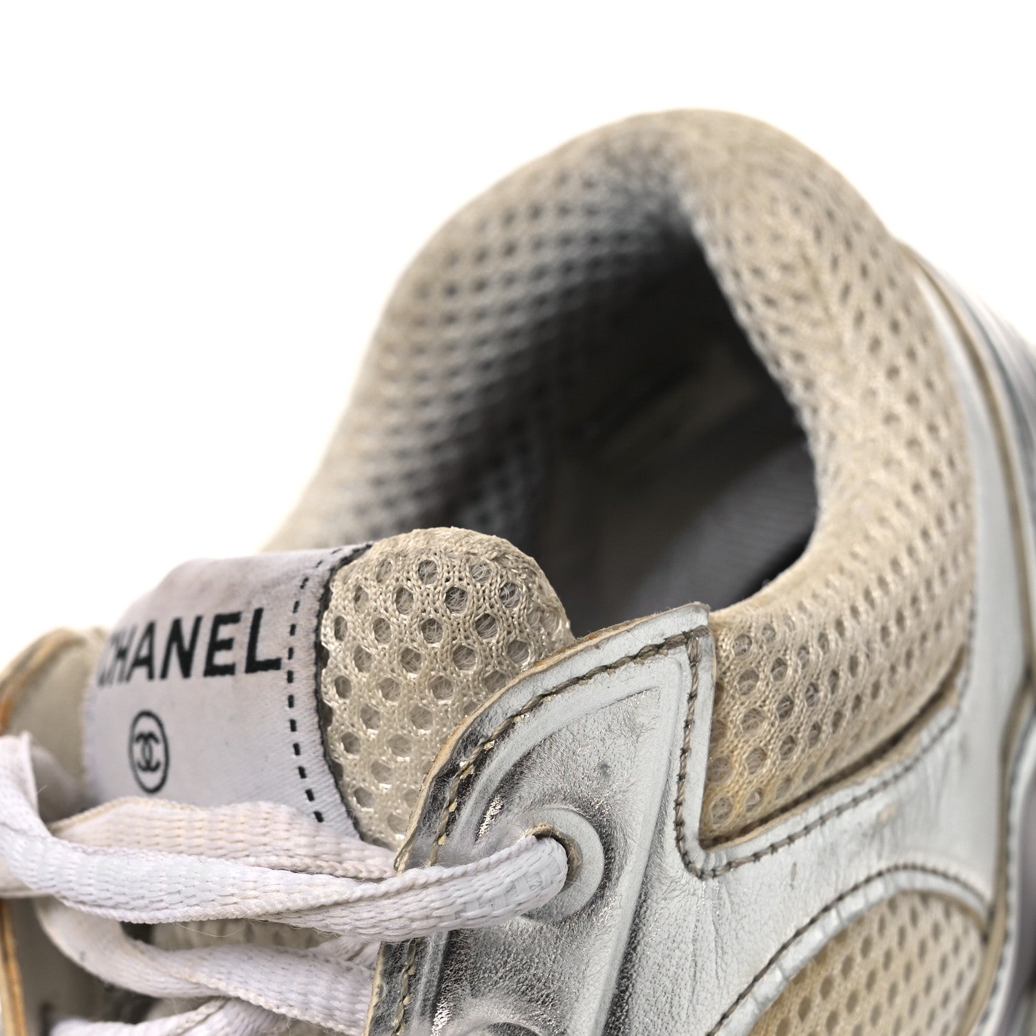 Fabric Laminated Calfskin Stretch CC Womens Sneakers 38.5 White Gold Silver