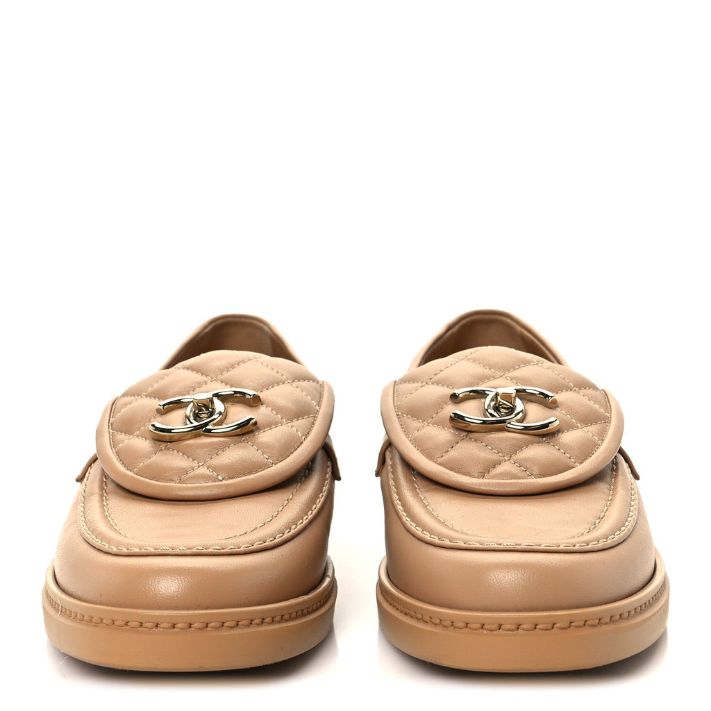 Lambskin Quilted CC Turnlock Moccasins 38 Beige