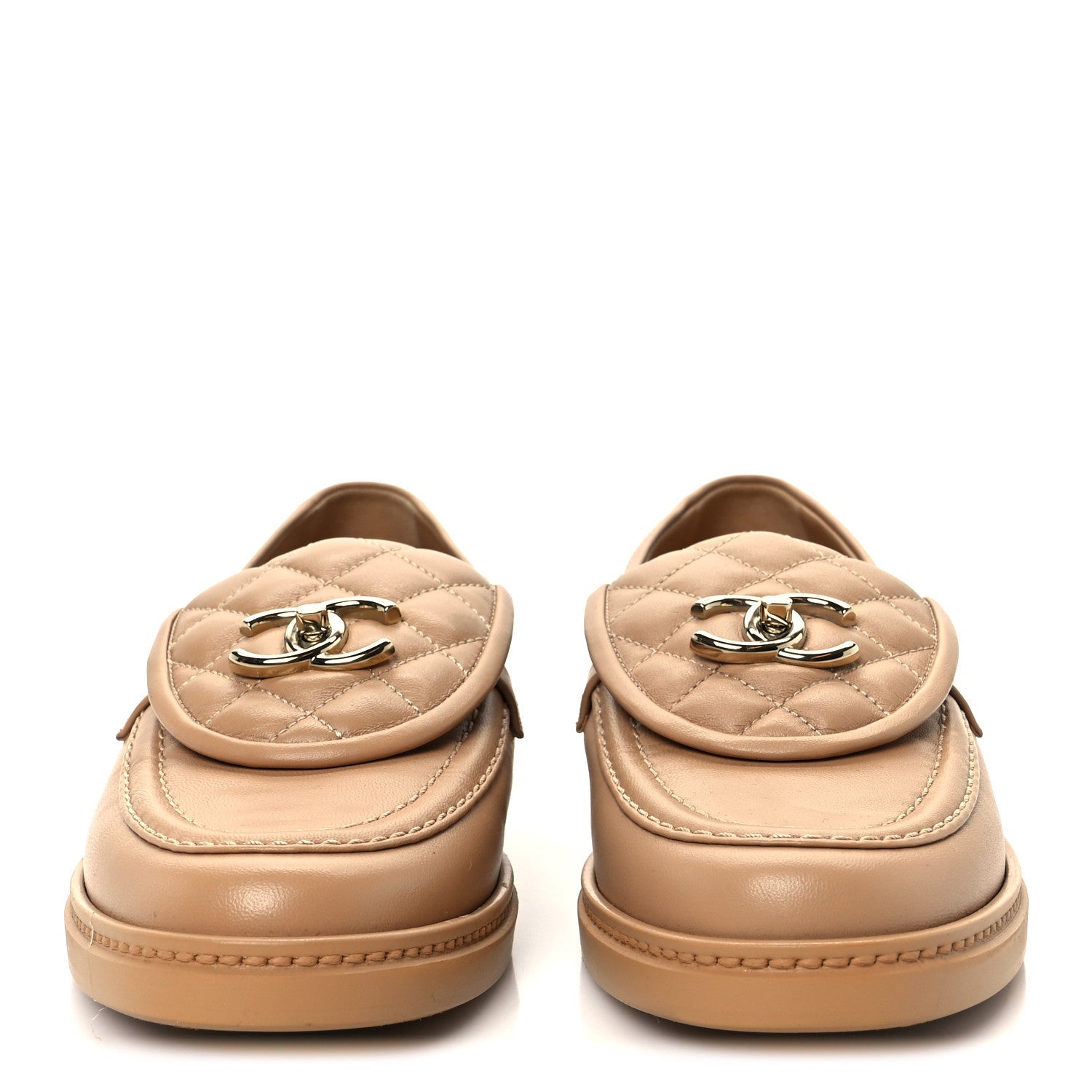 Lambskin Quilted CC Turnlock Moccasins 38 Beige