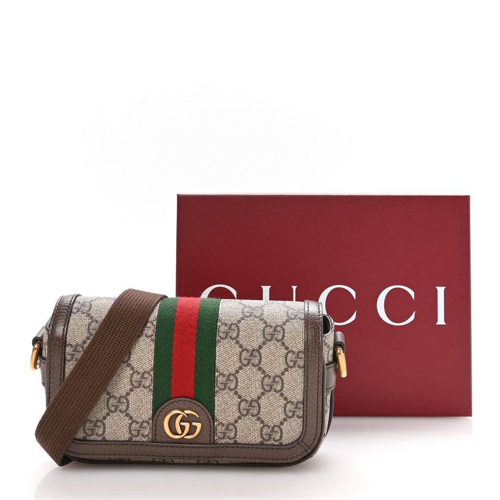 Gucci GG Supreme Monogram Web Mini Ophidia Flap Shoulder Bag Brown