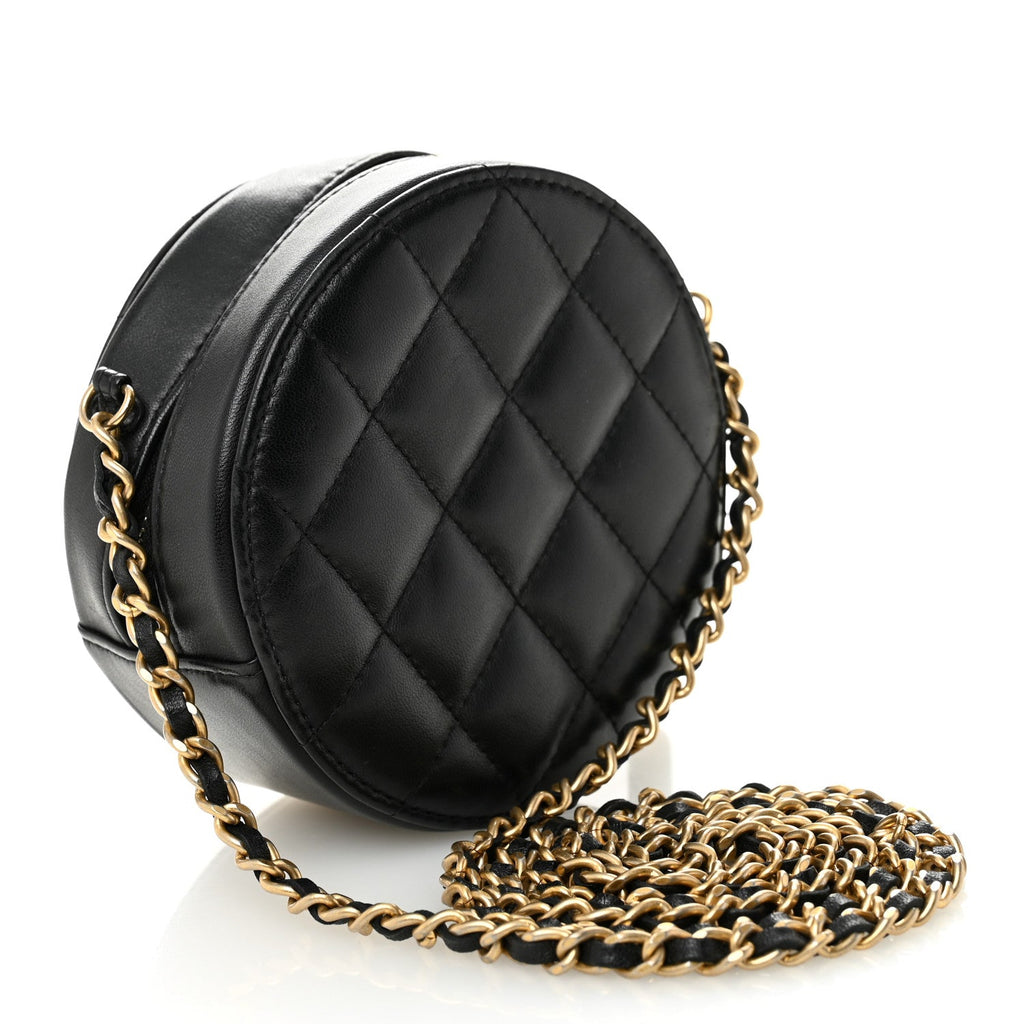 Chanel Lambskin Quilted Round Clutch With Chain Black