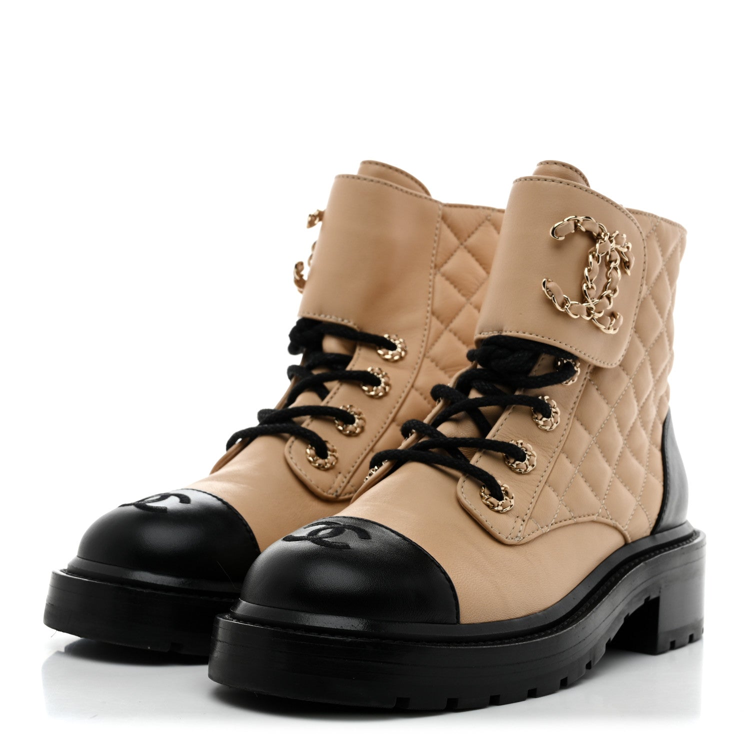 Lambskin Calfskin Quilted Lace Up Combat Boots 36.5 Beige Black