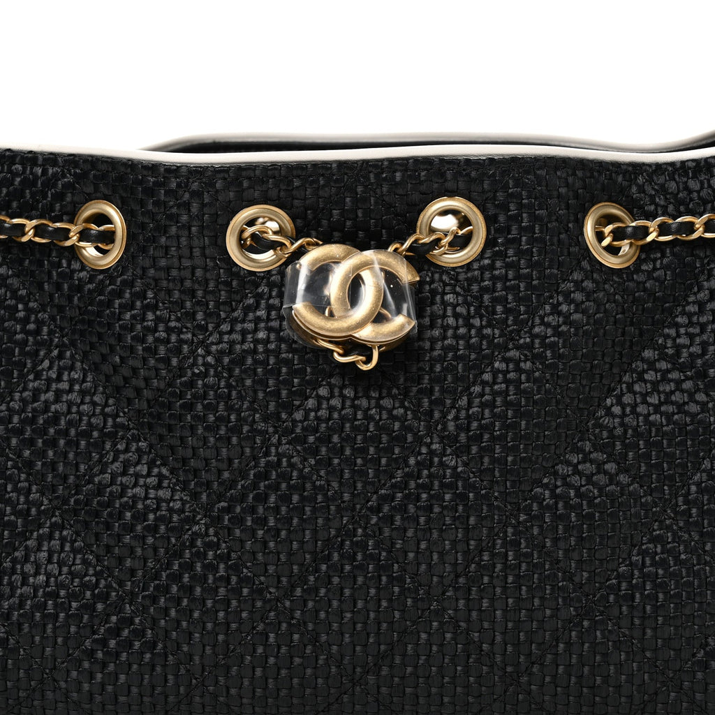 Chanel Braided Raffia Calfskin Quilted Mini Chanel 25 Handbag Black White