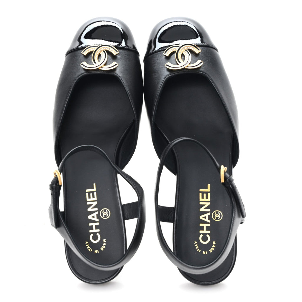 Lambskin Patent Cap Toe Crystal Enamel CC Mary Jane Slingback Flats 39.5 Black