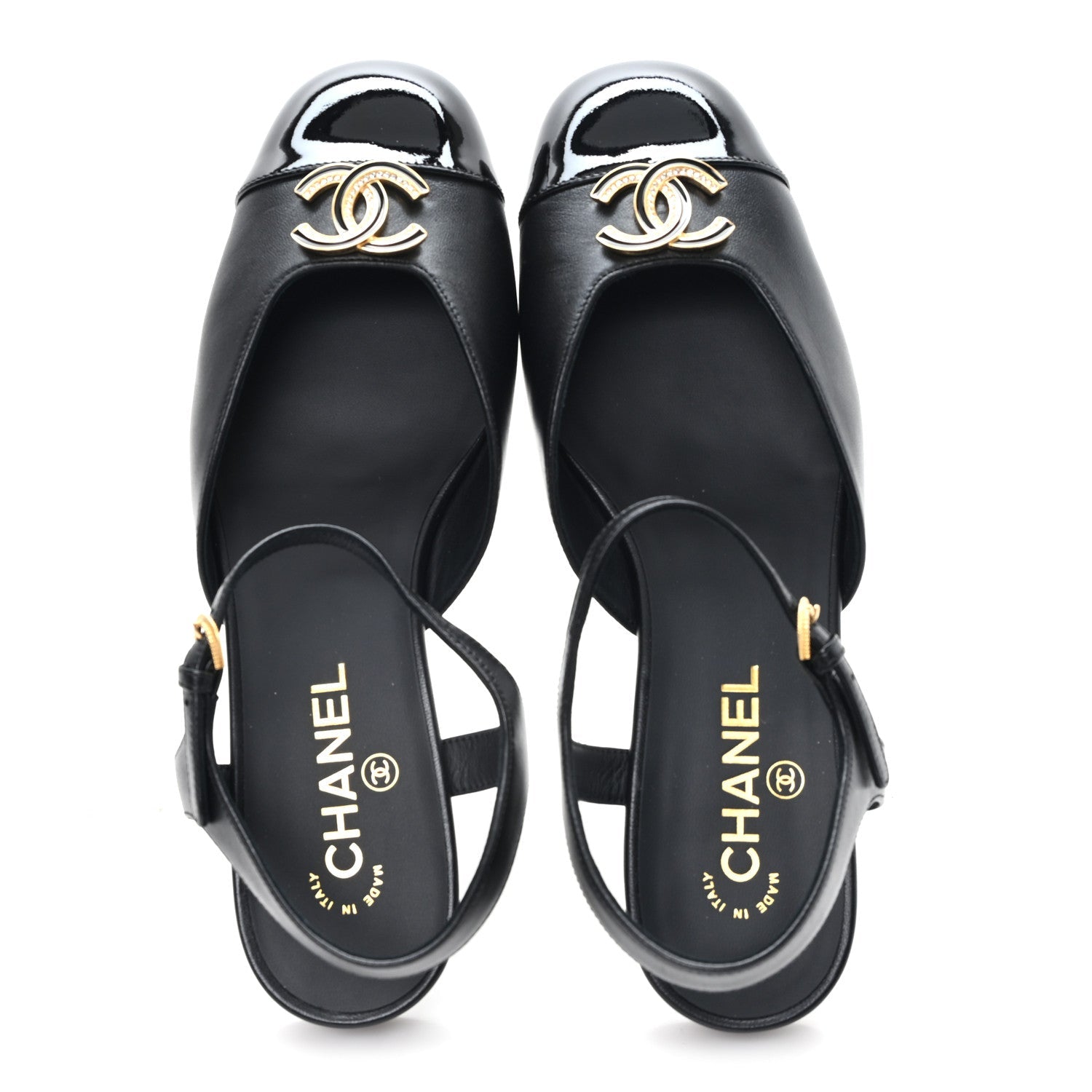 Lambskin Patent Cap Toe Crystal Enamel CC Mary Jane Slingback Flats 39.5 Black
