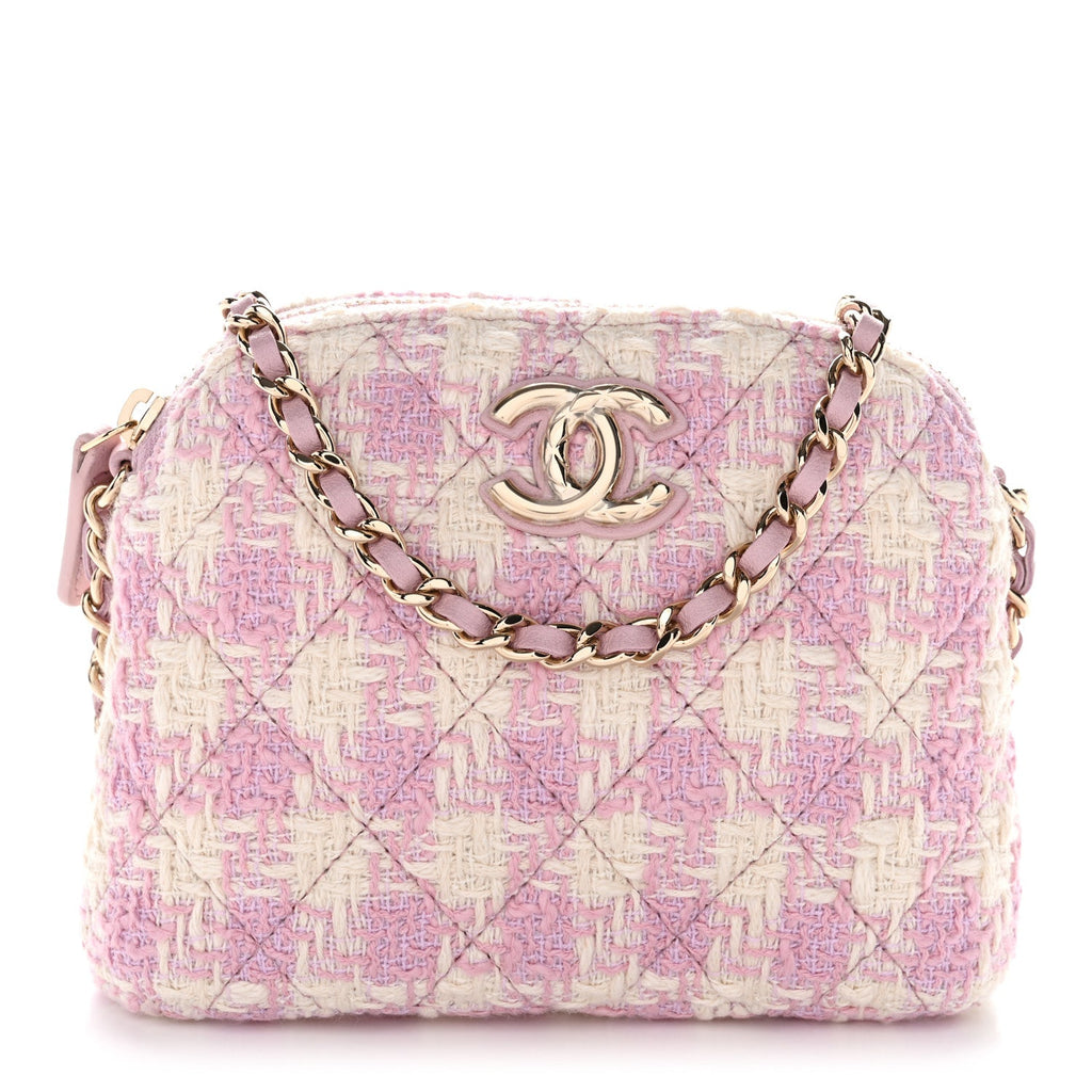 Chanel Tweed Quilted Mini Clutch With Chain Pink