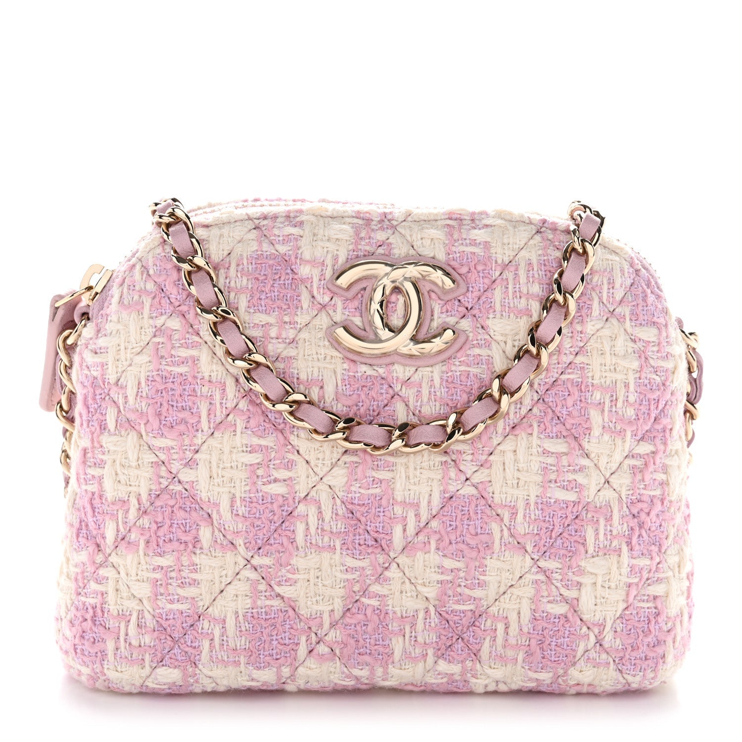Chanel Tweed Quilted Mini Clutch With Chain Pink