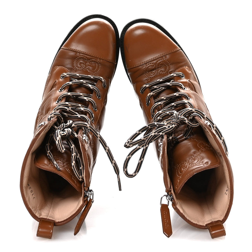 Gucci Cordovan Lux Nappa GG Matelasse Lace Up 60mm Combat Boots 36 Dark Hazel Brown
