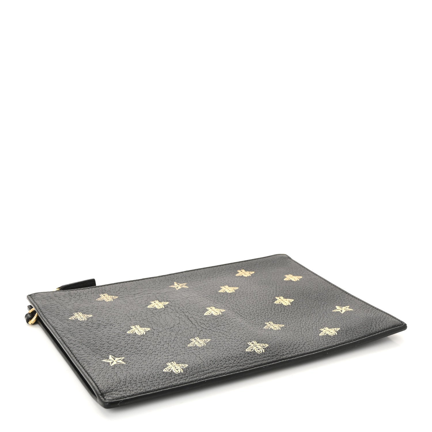 Gucci Dollar Calfskin Boar Effect Bee Star Zip Wristlet Pouch Black