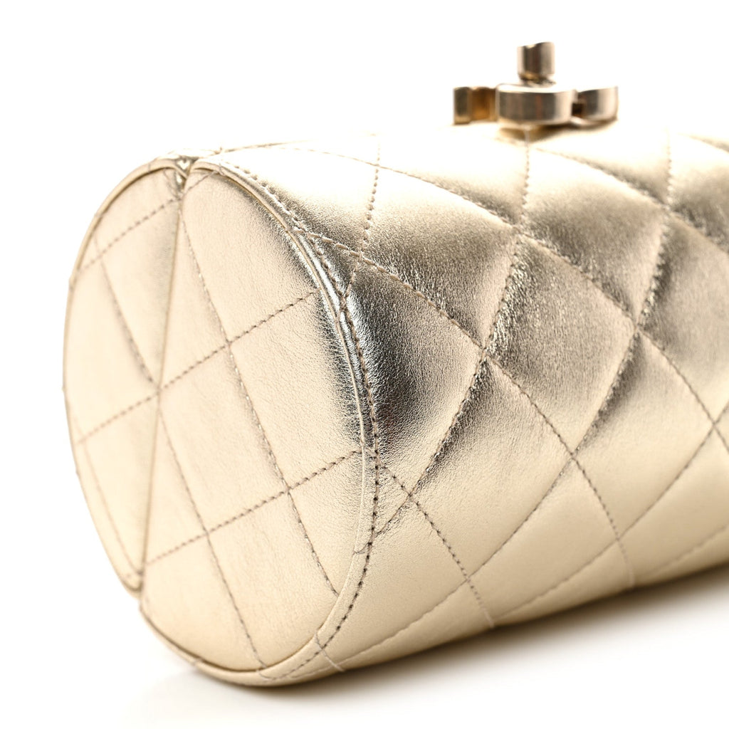 Chanel Metallic Lambskin Quilted Barrel Crossbody Bag Gold