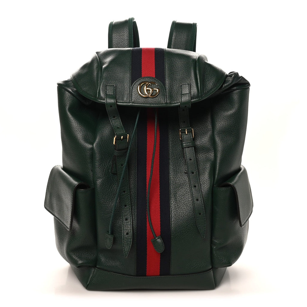 Gucci Grained Calfskin Medium Ophidia Double Buckle Backpack Green