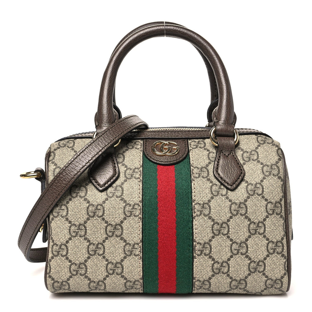 Gucci GG Supreme Monogram Textured Dollar Calfskin Web Mini Ophidia Top Handle Bowler Bag Beige Ebony New Acero