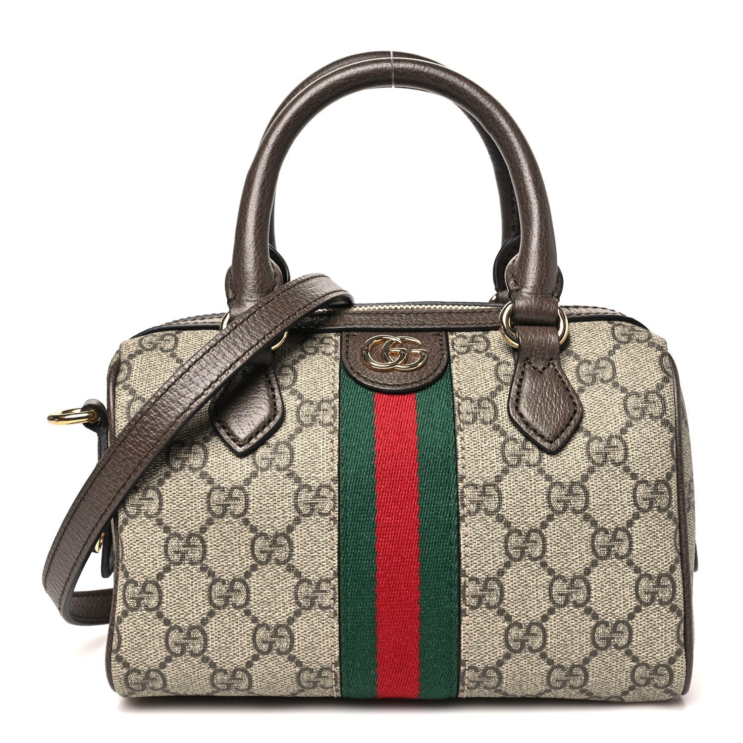 Gucci GG Supreme Monogram Textured Dollar Calfskin Web Mini Ophidia Top Handle Bowler Bag Beige Ebony New Acero