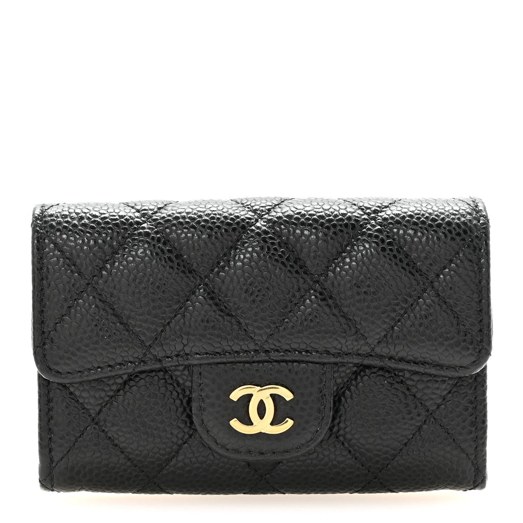 Caviar Quilted Flap Card Holder Wallet Black