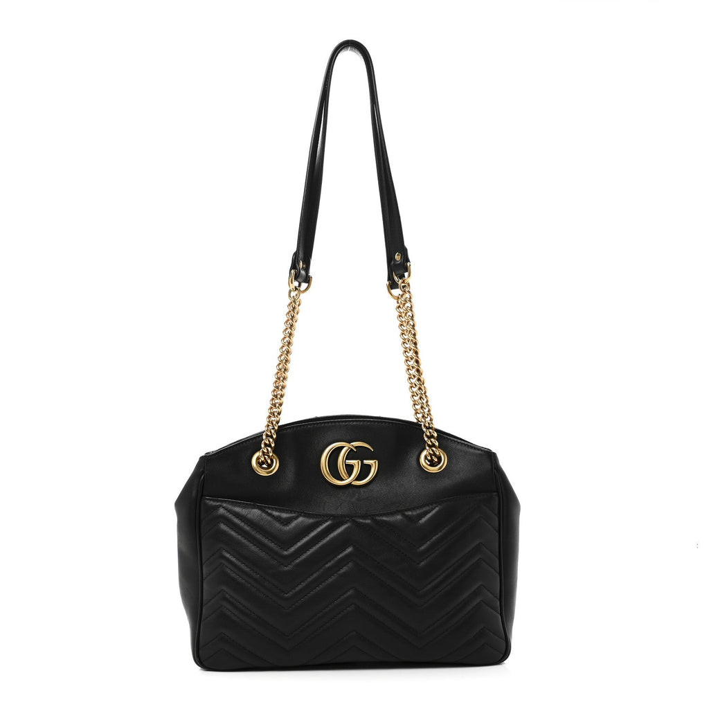 Gucci Calfskin Matelasse Medium GG Marmont Open Top Shoulder Bag Black